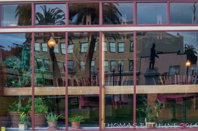 The Arcata Plaza Reflected in a Restaurant's Windows